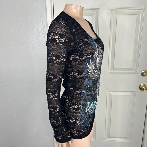 Vintage Y2K Angel & Diamonds Women's Shirt Large Floral Sheer Lace Wing Paint A9 - Picture 6 of 7